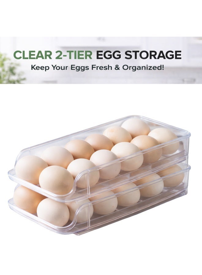 أرابيكو حامل بيض للثلاجة، منظم بيض أوتوماتيكي متحرك، حاوية تخزين بيض قابلة للتكديس من طبقتين مع غطاء، صينية توزيع بيض بلاستيكية شفافة للثلاجة، منظم مطبخ موفر للمساحة - Image 2